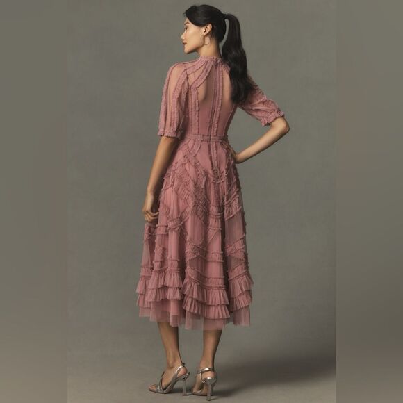 MAC DUGGAL 8058 Pink High Neck Micro Ruffle Tiered Midi Dress - Picture 4 of 16